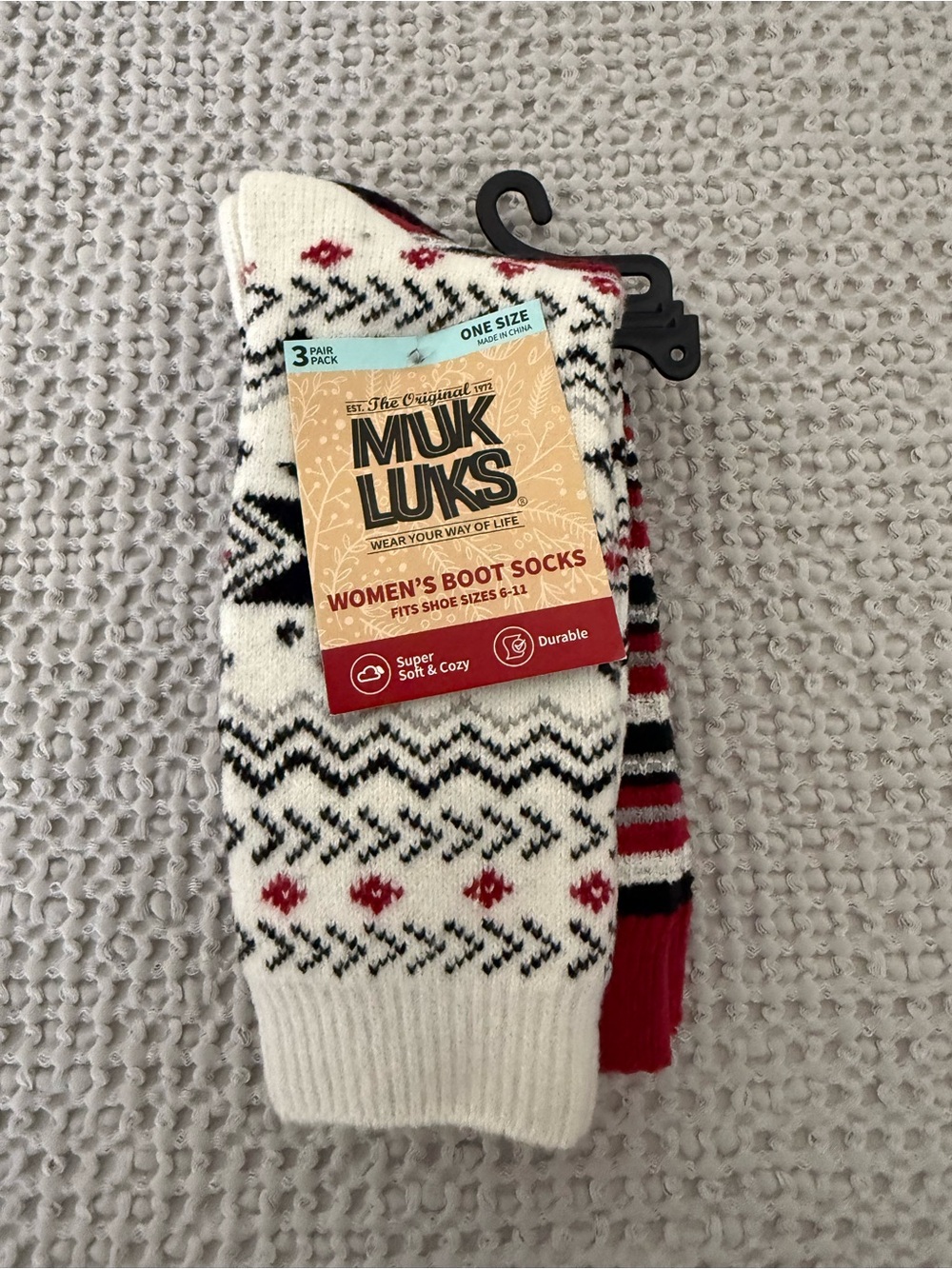 Muk Luks Women's Boot Socks in White, Black & Red - 3 Pair Pack